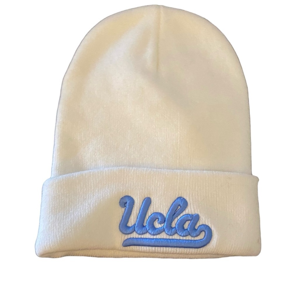 UCLA White Cuffed Ribbed Knit beanie UCLA script logo Light blue embroidered